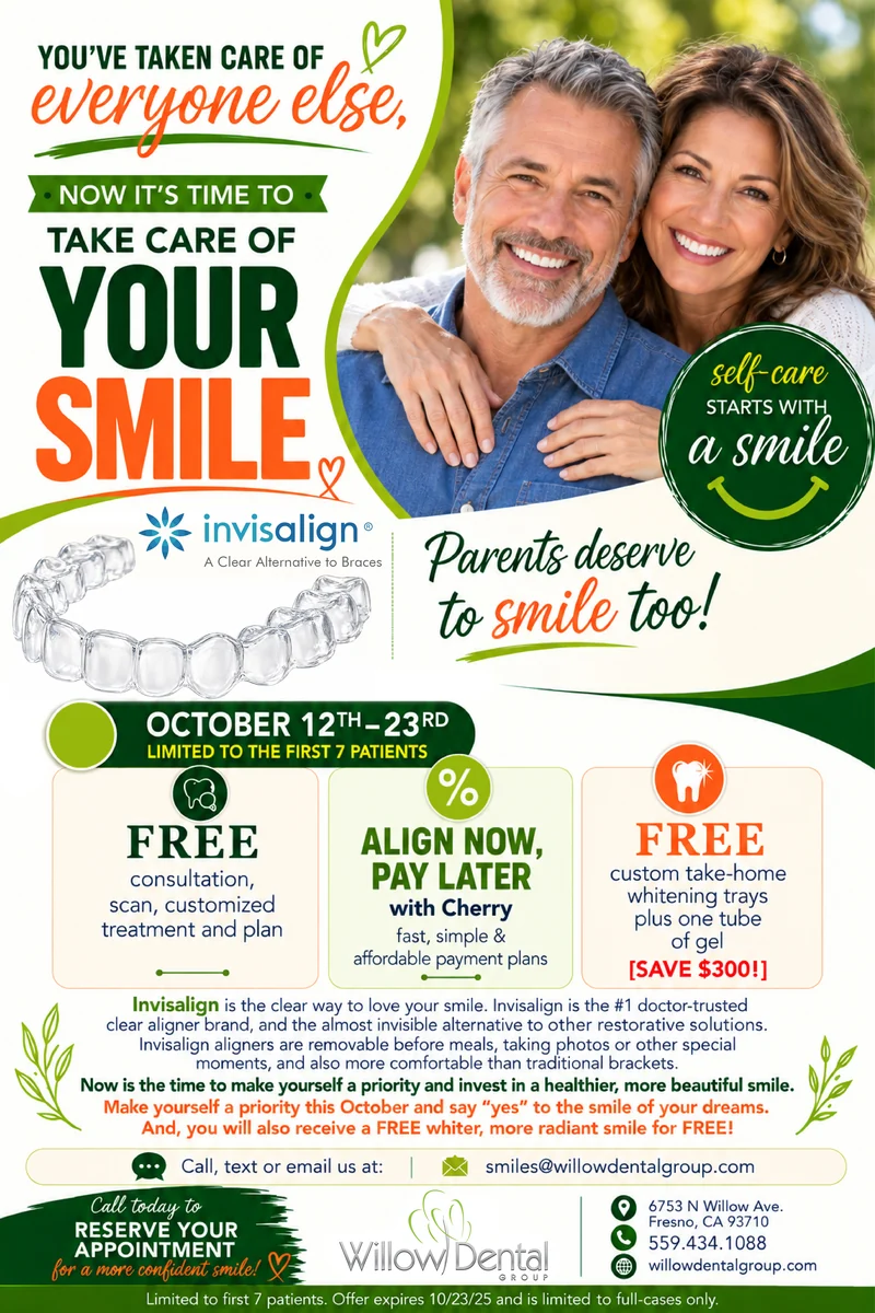 October Special — Invisalign, October 12–23, limited to the first 7 patients: free consultation, scan, customized treatment and plan; align now, pay later with Cherry; free custom take-home whitening trays plus one tube of gel (save $300)