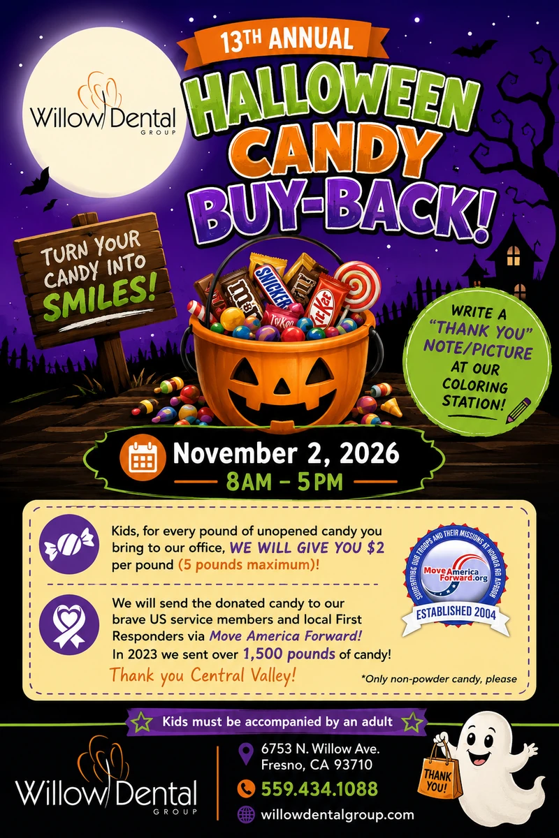 13th Annual Halloween Candy Buy-Back, November 2, 2026, 8am–5pm — kids get $2 per pound of unopened candy (5 pounds maximum); donated candy goes to US service members and local First Responders via Move America Forward. Non-powder candy only; kids must be accompanied by an adult